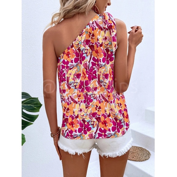 One Shoulder Tie Floral Print Bright Summer Top - Picture 2 of 9